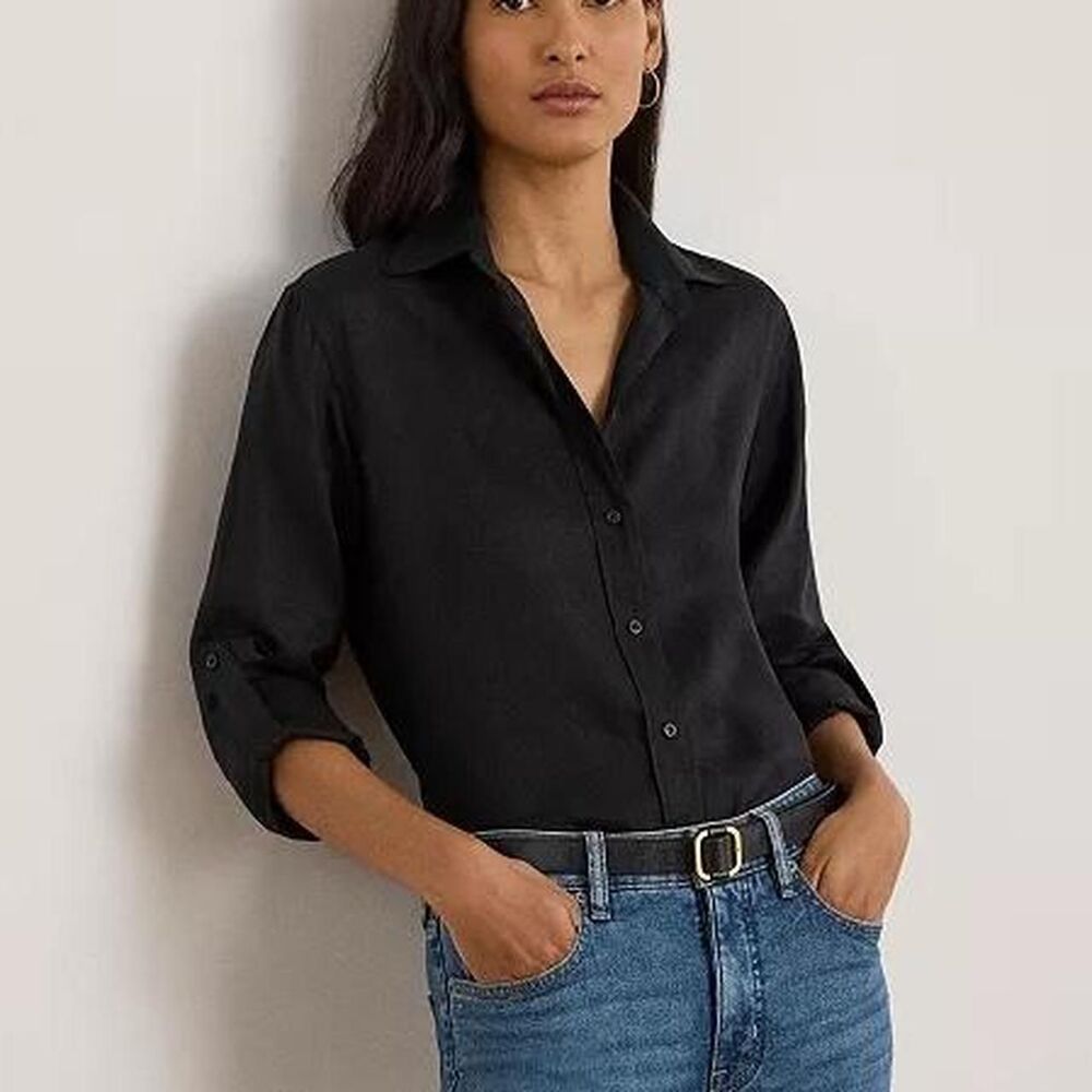 Lauren Ralph Lauren Women's Black Linen Button-Down Shirt